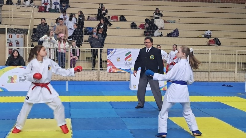 Duas meninas de lado em posição de golpe de caratê